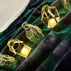 NEW Holiday Centerpieces 12 Green Glass Bottles and Gold Candle Holders